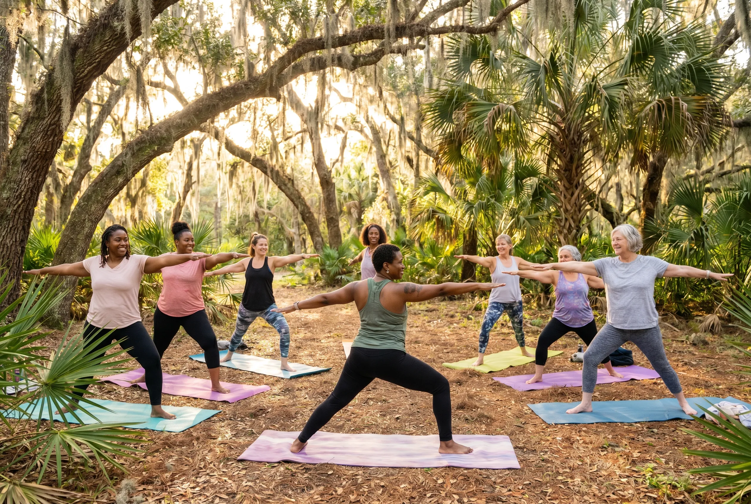 Grupo diverso de mujeres practicando yoga